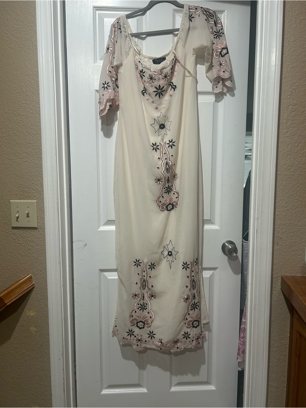 RD Style Cream Maxi Dress with Pink and Black Embroidery
